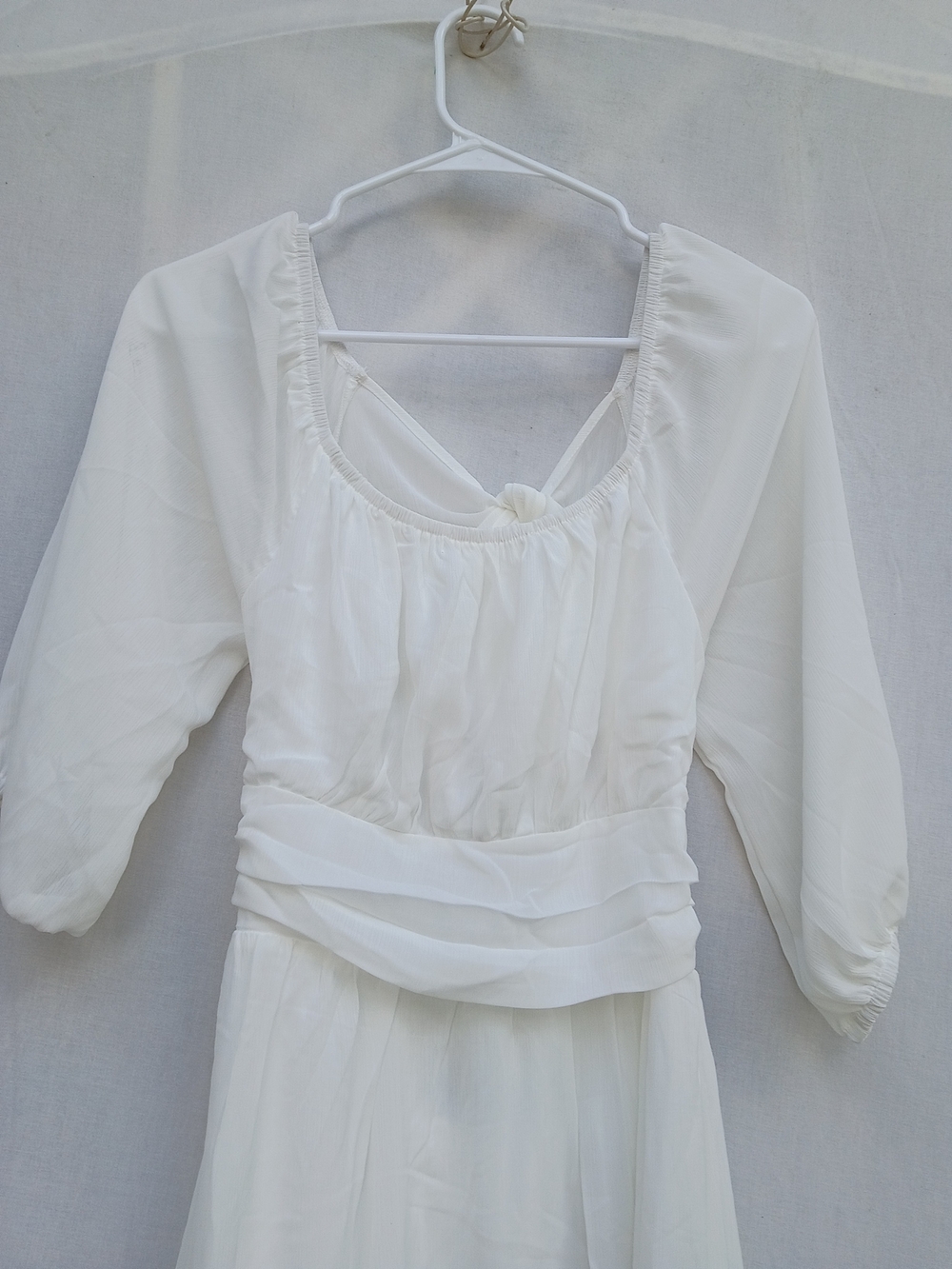 White Mini Dress with Ruffled Hem and Draped Waist - Picture 4 of 5
